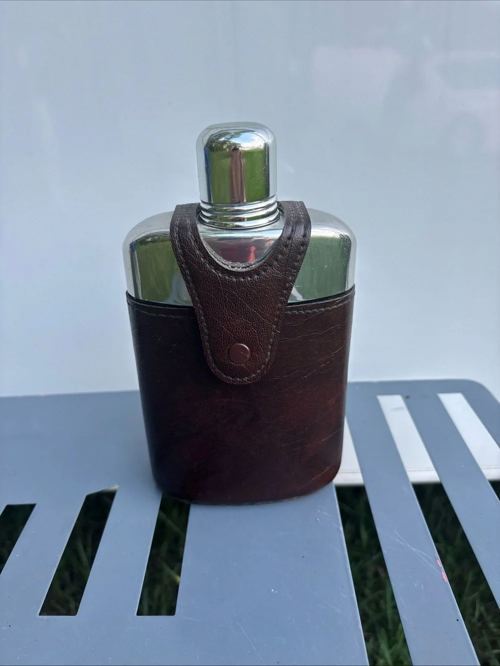 Vintage Large Glass Flask W/ Brown Leather Case- Holds 2 Cups!